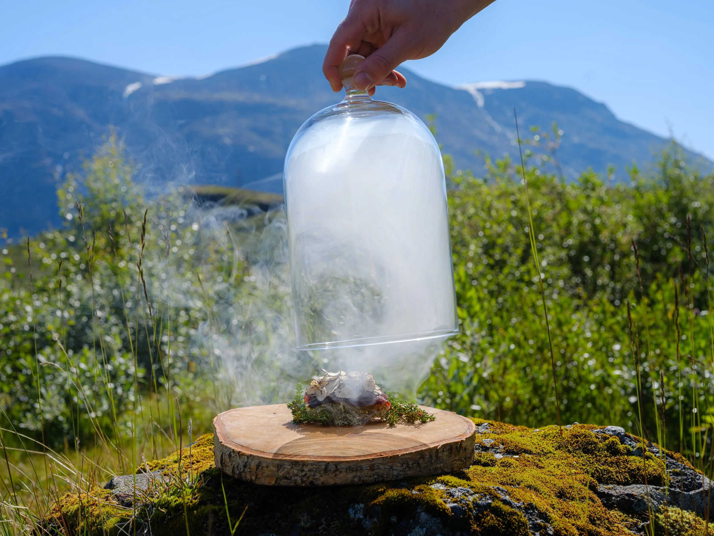 En kokk holder en glasskuppel over varm gourmaetmat med røyk, ute i naturen med fjell i bakgrunnen.