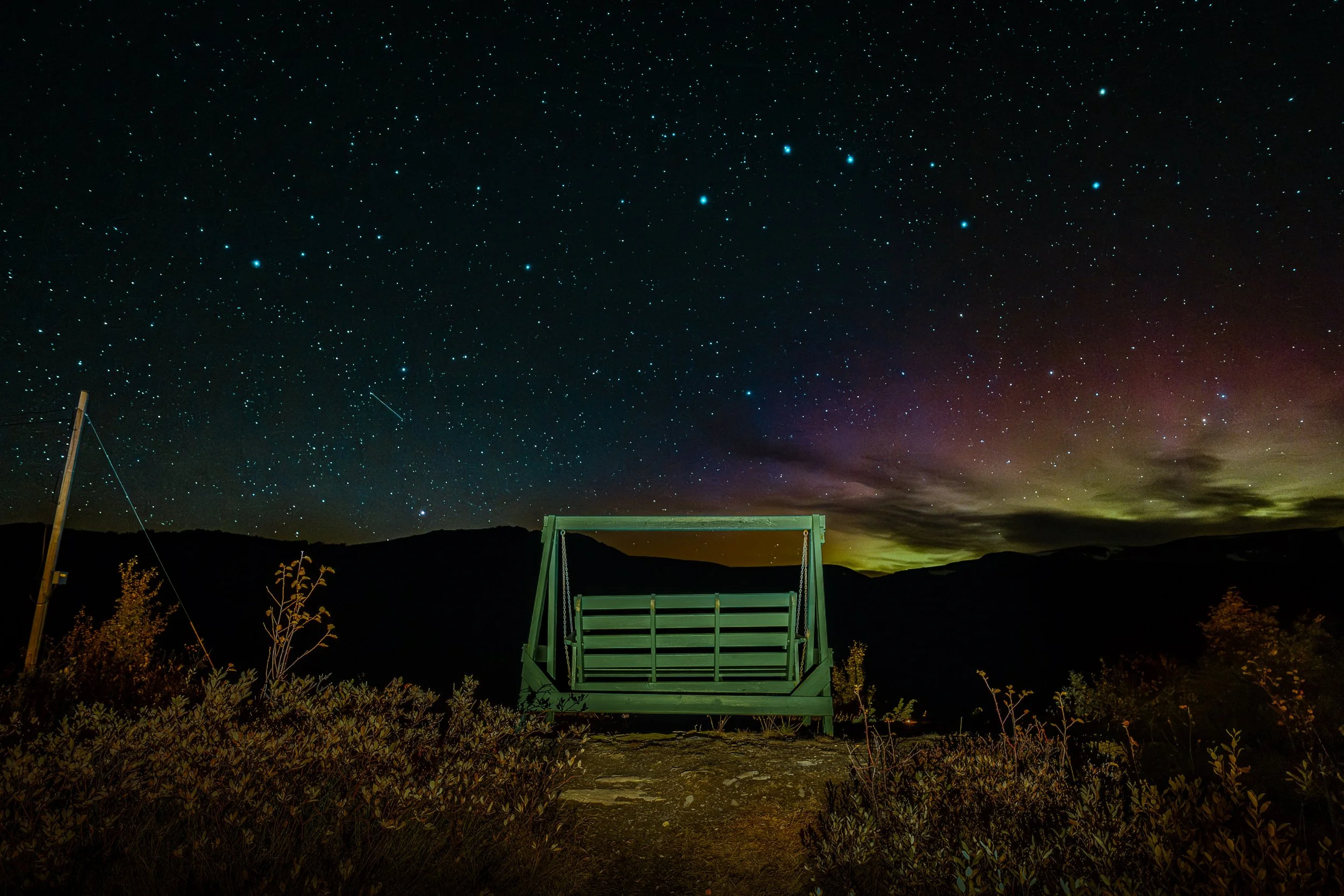 En utsikt over himmelen med tusenvis av stjerner og nordlys, sett fra en fjellutsikt med en grønn benk foran, omgitt av busker.