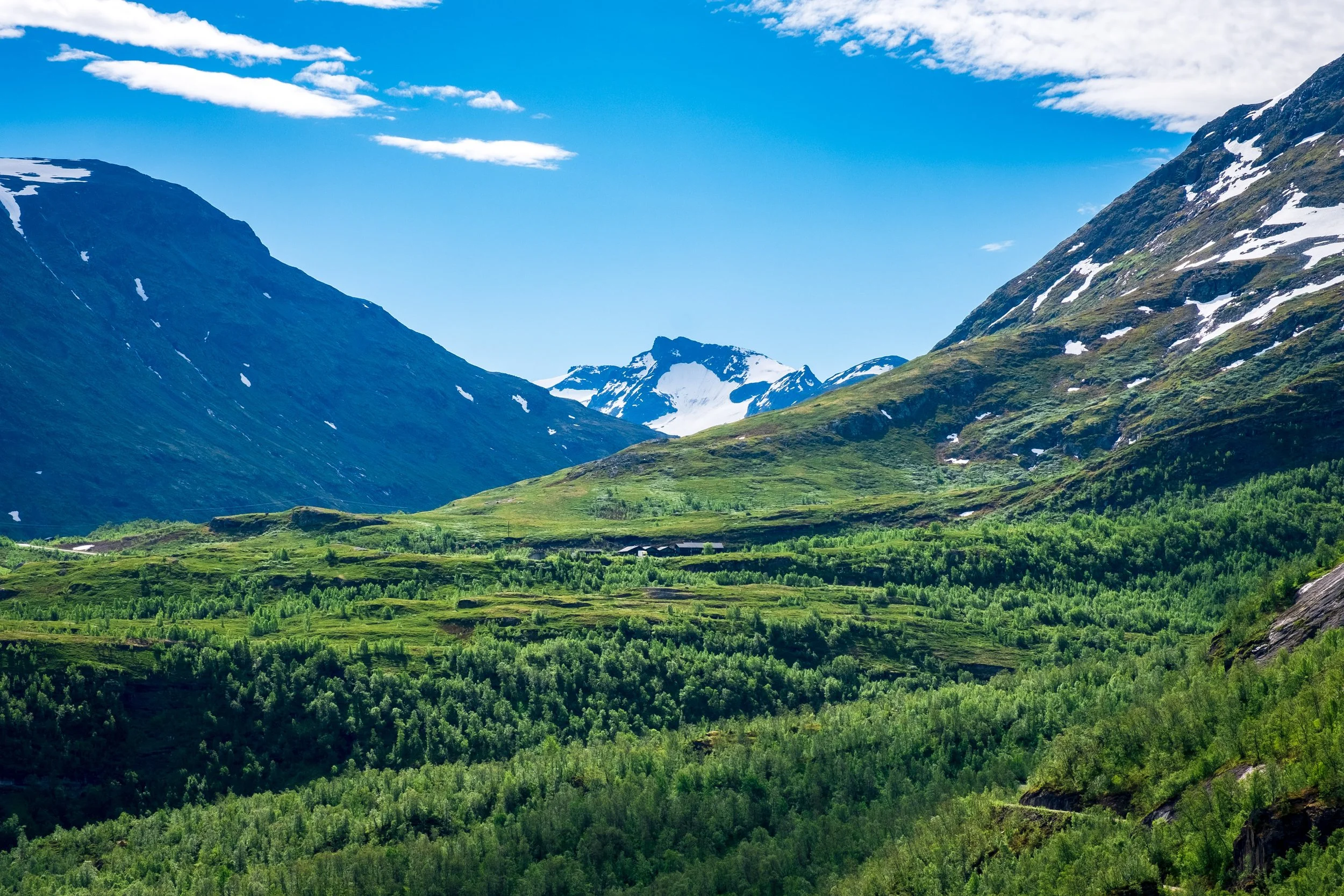Grønt fjellandskap med snødekte fjelltopper under en blå himmel med noen skyer og Jotunheimen Fjellstue i midten. 