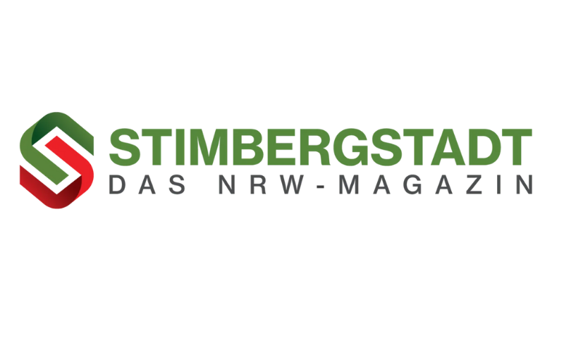 Logo des Magazins 'Stembergstadt - Das NRW-Magazin' mit einer stilisierten grünen und roten Schriftmarke und schwarzem Text darunter