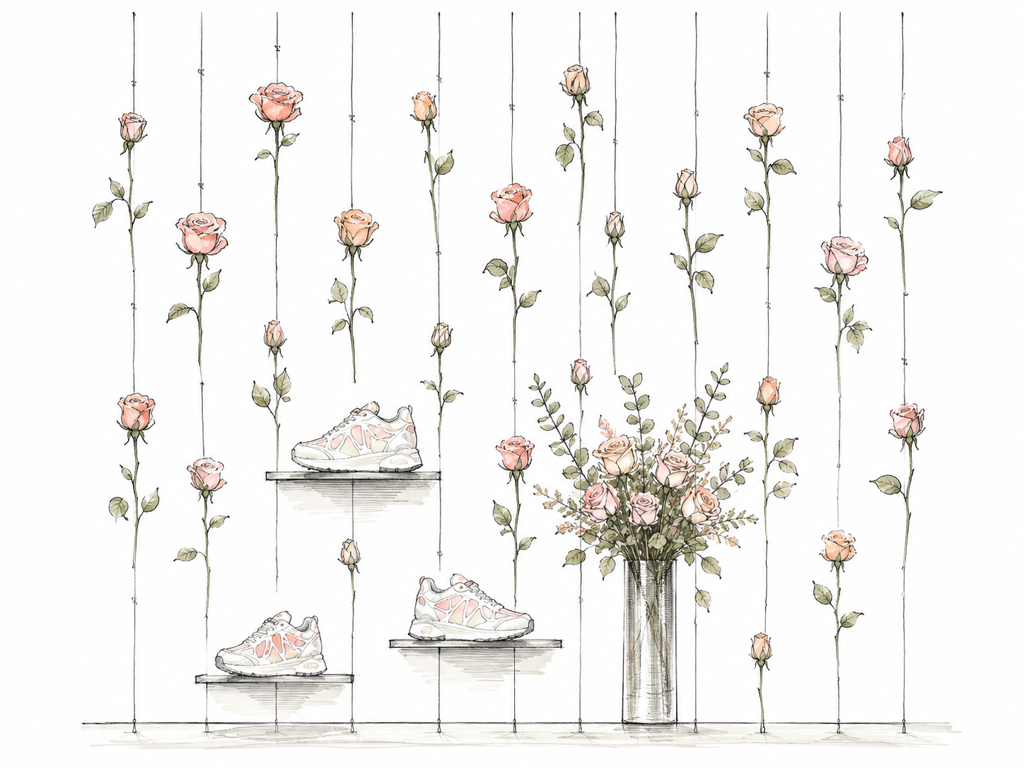 Une illustration d'une chaussure de sport blanche sherpa avec des détails roses, placée sur une étagère, avec un vase contenant un bouquet de roses roses et de feuillage, entouré de fleurs de roses suspendues au plafond contre un mur blanc.