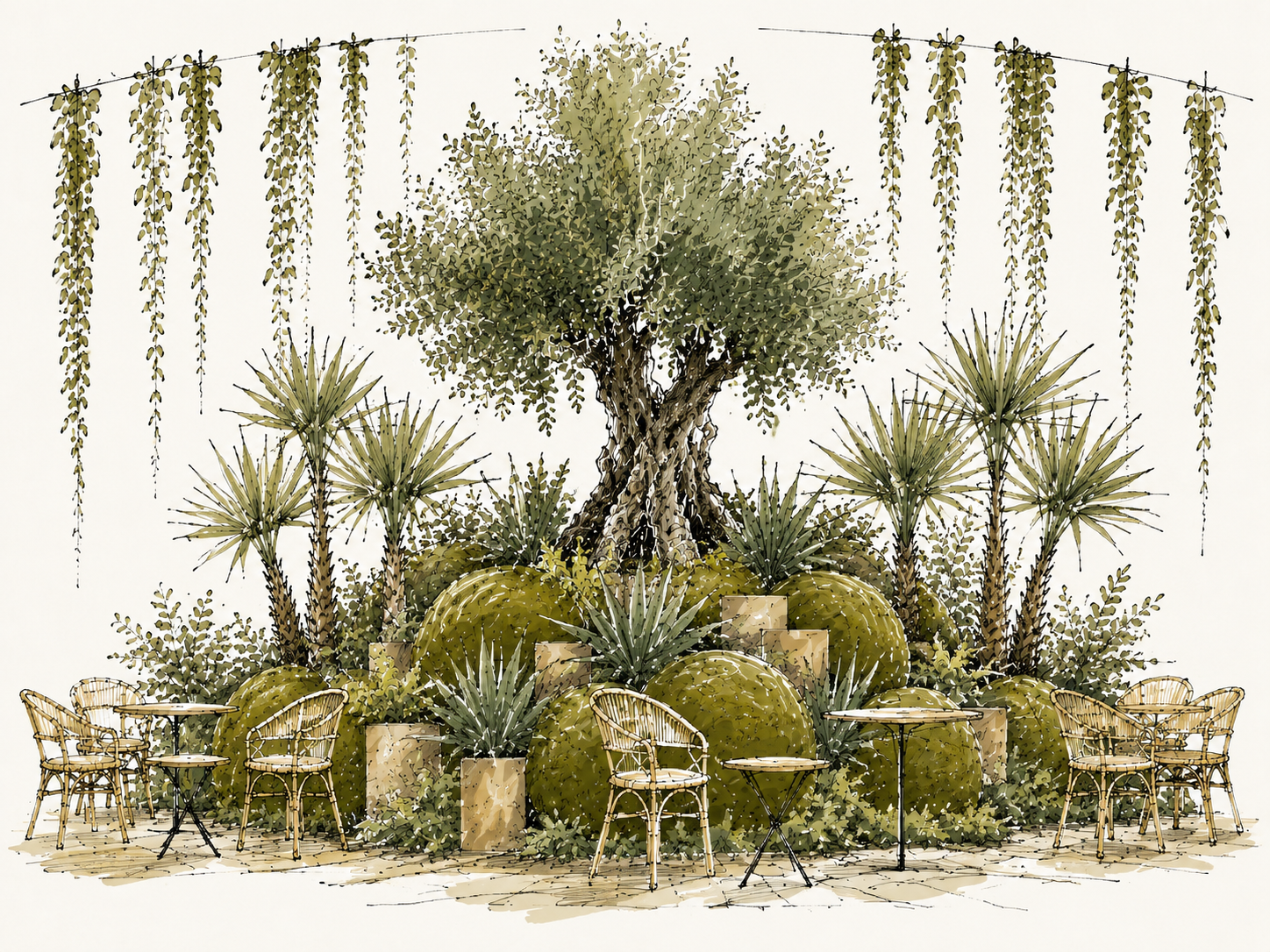 Une zone de détente avec des tables et des chaises enrotulées autour d'une végétation luxuriante comprenant un grand arbre, des cactus et des plantes aromatiques, avec un décor de plantes suspendues.