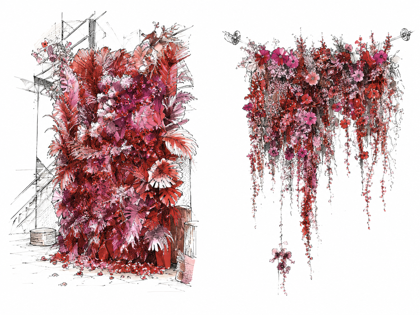 Deux illustrations de murs recouverts de fleurs rouges, roses et violettes, avec un style artistique différent pour chaque. La première est un croquis avec des détails et la seconde est une peinture plus abstraite.