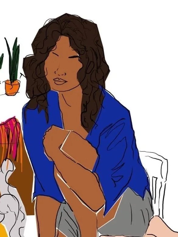 Illustration d'une femme aux cheveux bouclés, portant une chemise bleue, assise avec un bras croisé, dans un style artistique minimaliste.