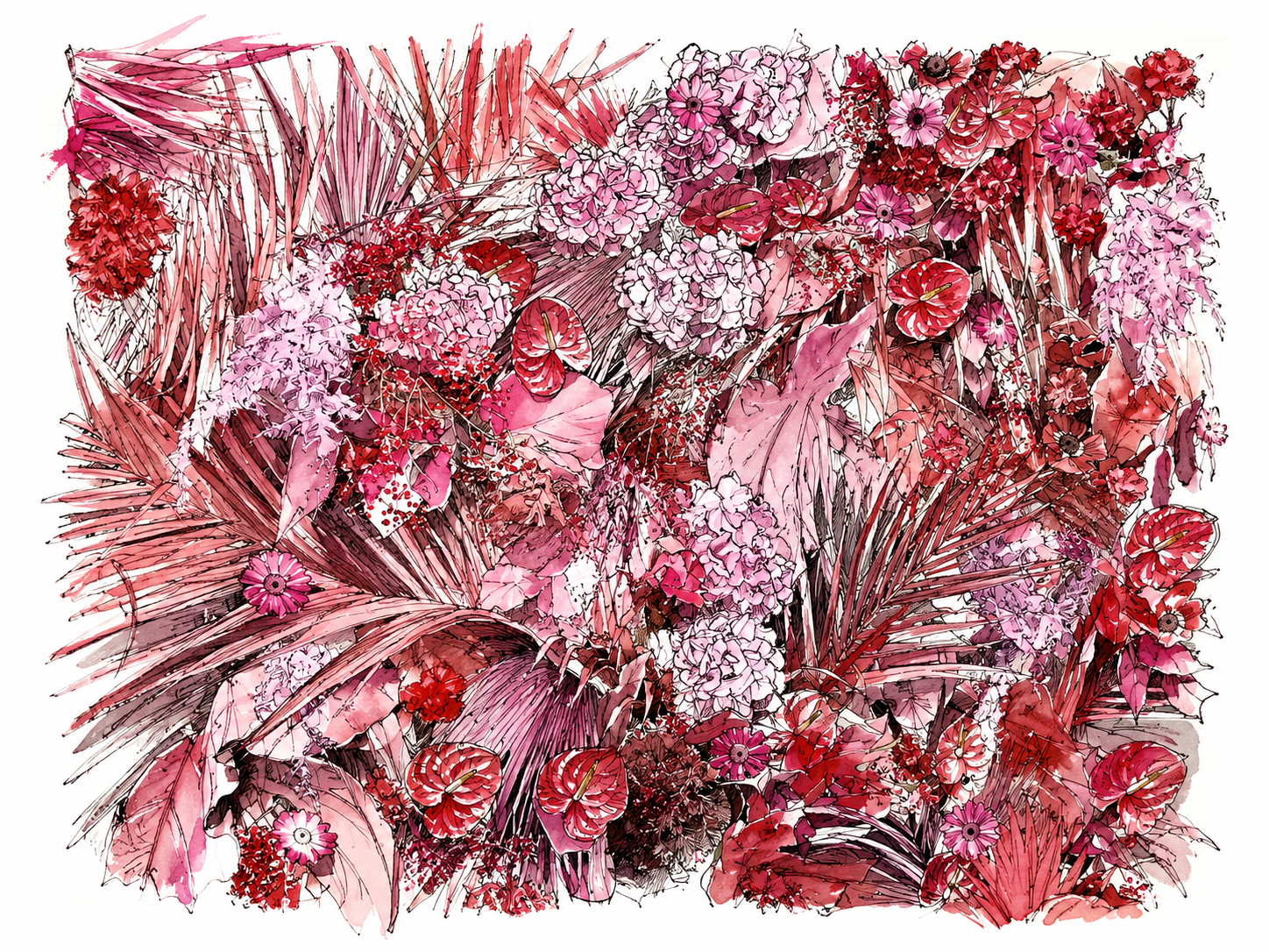 Composition florale avec des fleurs roses, rouges et bordeaux, comprenant des hortensias, des callas, et autres fleurs tropicales, dans un style artistique et esquissé.