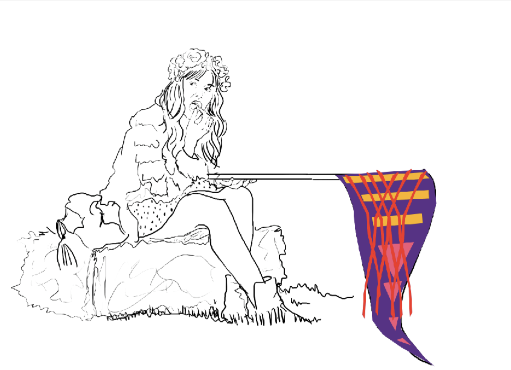 Jeune femme assise sur un coussin, portant une couronne de fleurs, en train de mordre dans un biscuit, avec un drapeau coloré à côté.
