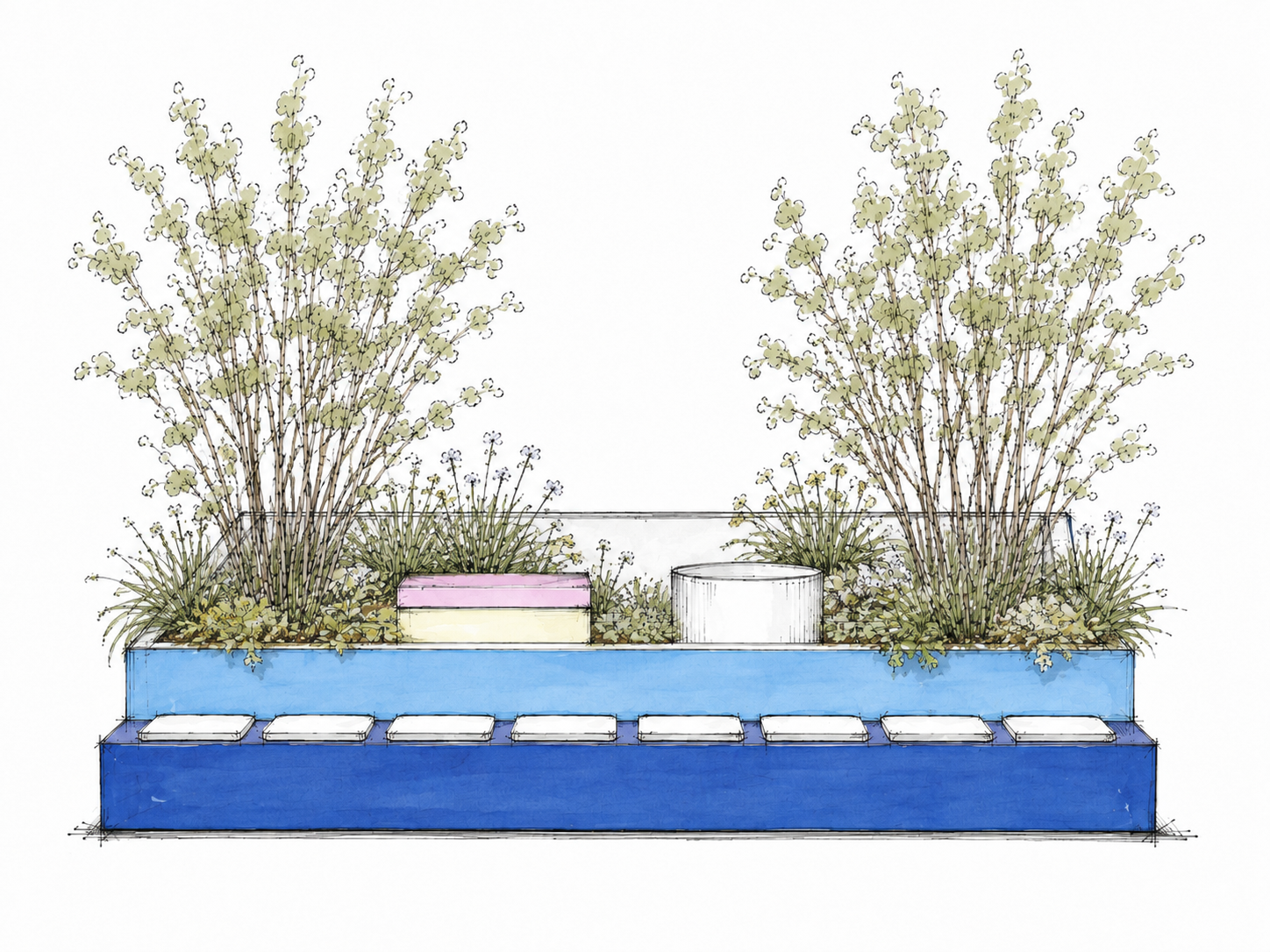 Croquis d'une jardinière rectangulaire bleue avec des plantes, deux arbres, des fleurs et un banc.