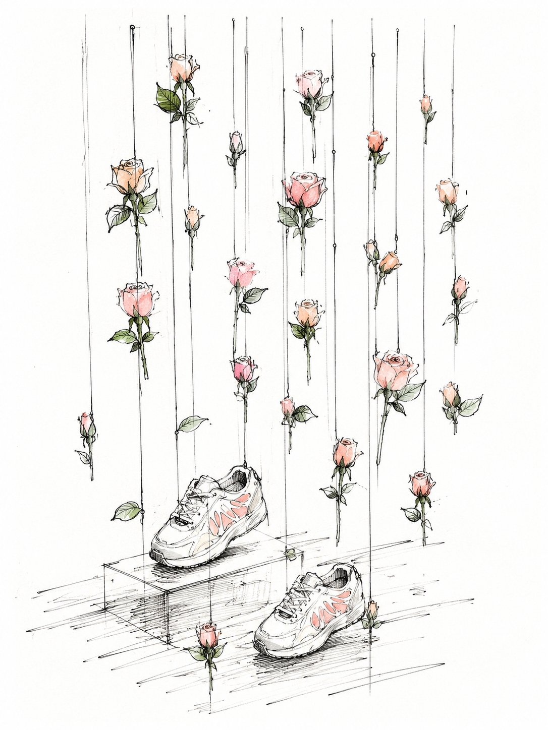 Une illustration de chaussures de sport suspendues parmi des roses roses et vertes, créant un décor artistique et floral.