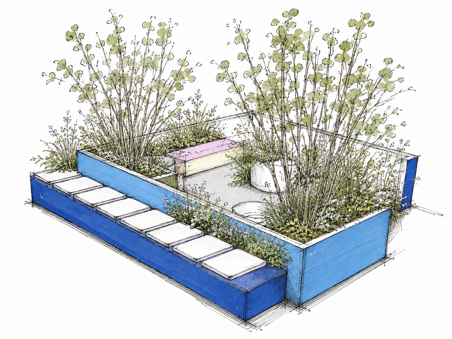 Plan d'un aménagement paysager montrant un jardin avec des plantes, des arbustes et deux grands arbres, entourés d'un mur bleu avec une plateforme et des pavés blancs.