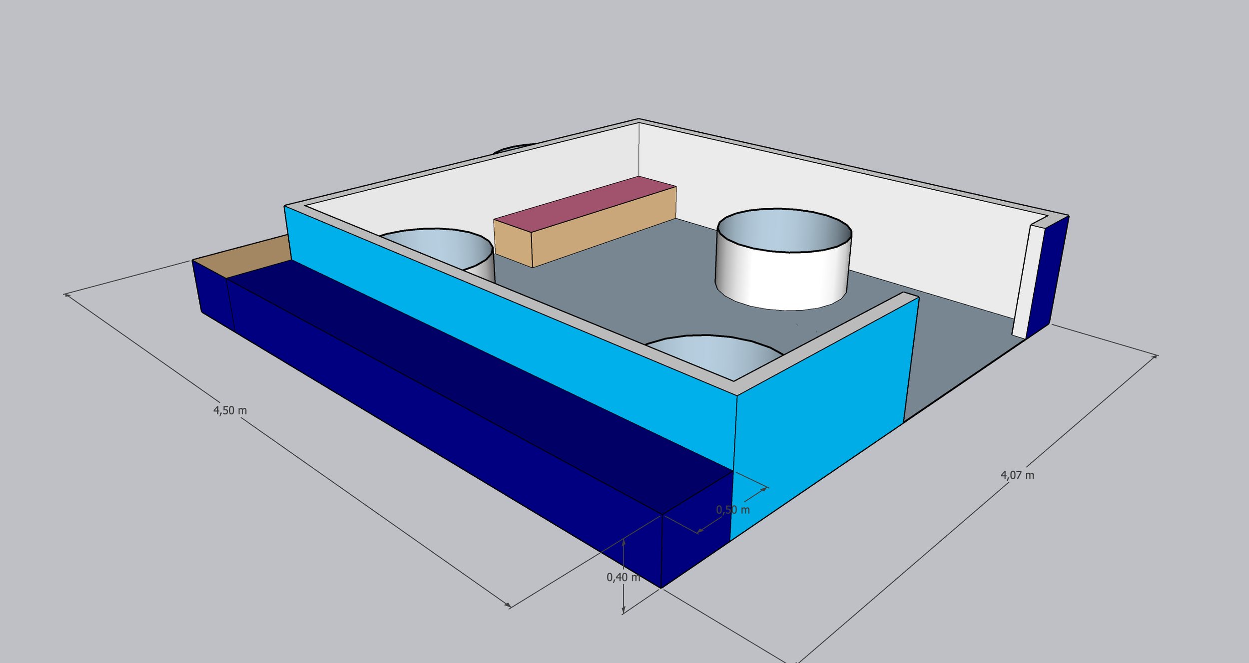 Modèle 3D d'une structure avec dimensions indiquées, comprenant des murs bleus, un panneau rose, deux cylindres et une base grise.