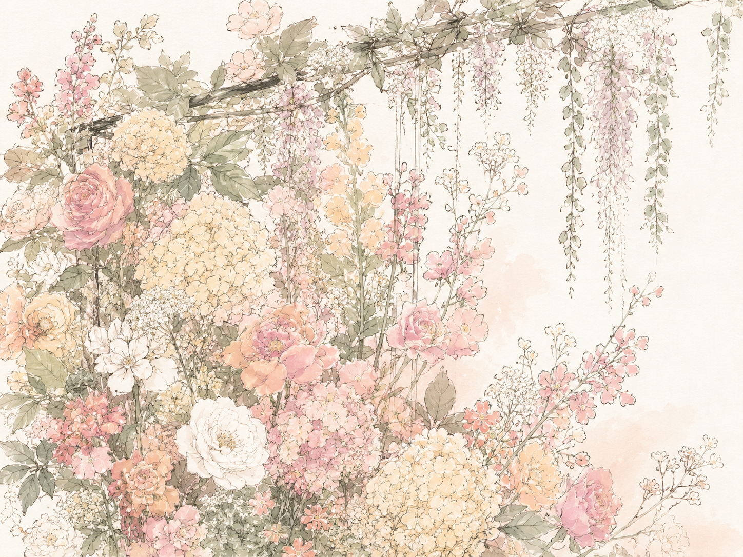 Fleurs pastel de style aquarelle avec des roses, hortensias et glycine suspendue