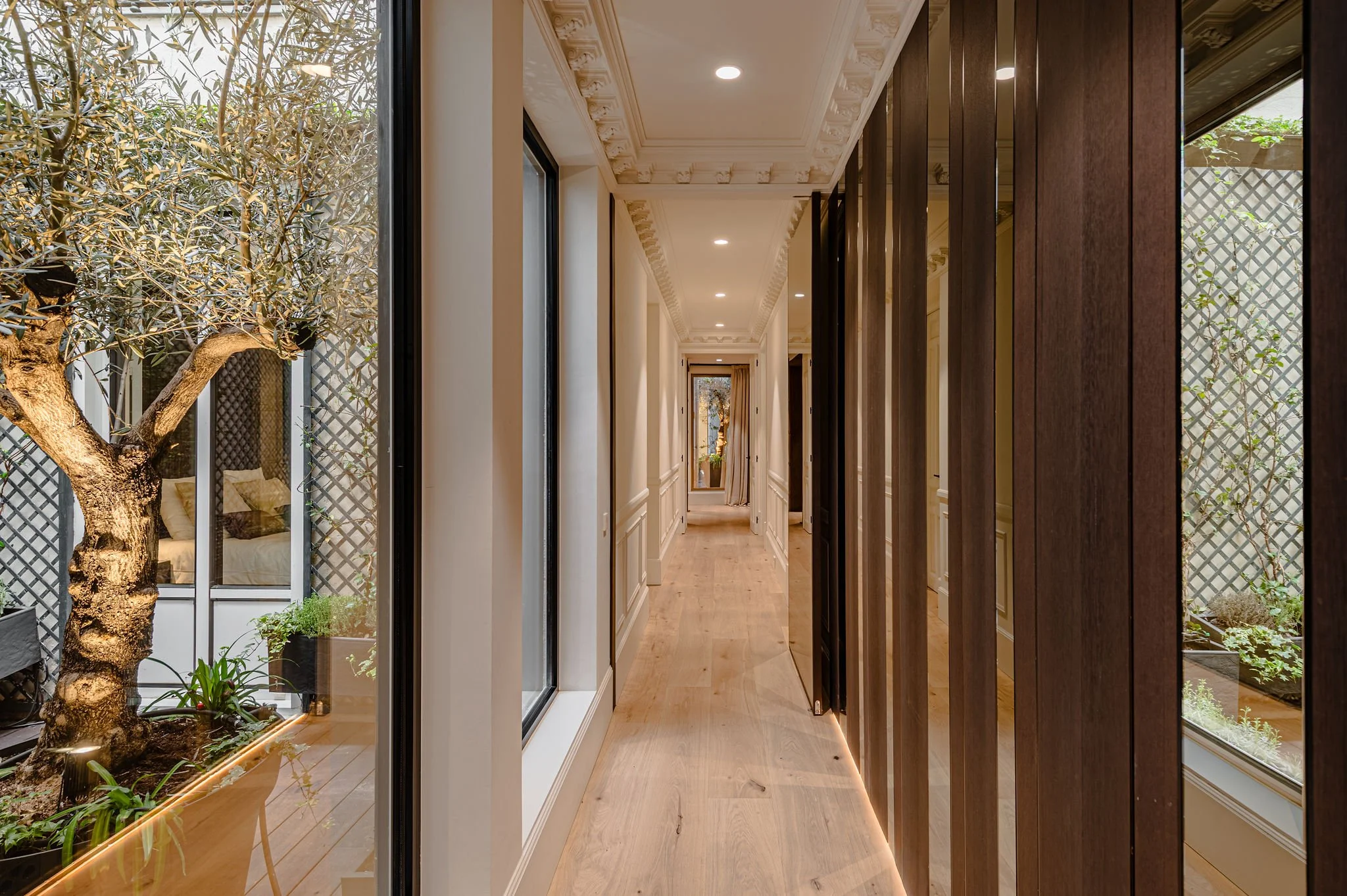 Pasillo interior con paredes blancas, en madera y grandes ventanas que muestran un jardín con árbol y plantas, iluminación empotrada en el techo.