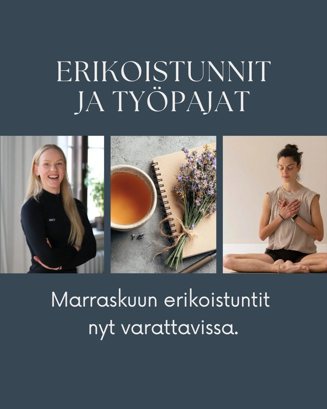 Marraskuun tapahtumat Studio Nadassa 🤍
💓 Pilates and Restore: Tule hellimään kehoa ja mieltä. Hakemaan energiaa ja pysähtymään vuoden pimeimpinä aikoina.
Luvassa on pilates pakara&core harjoitus, jonka jä