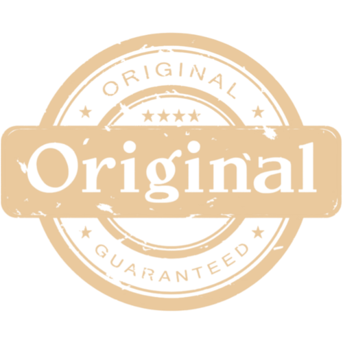 A circular badge with the words "Original Guaranteed" around the edge and "Original" in the center, with a beige and black color scheme.