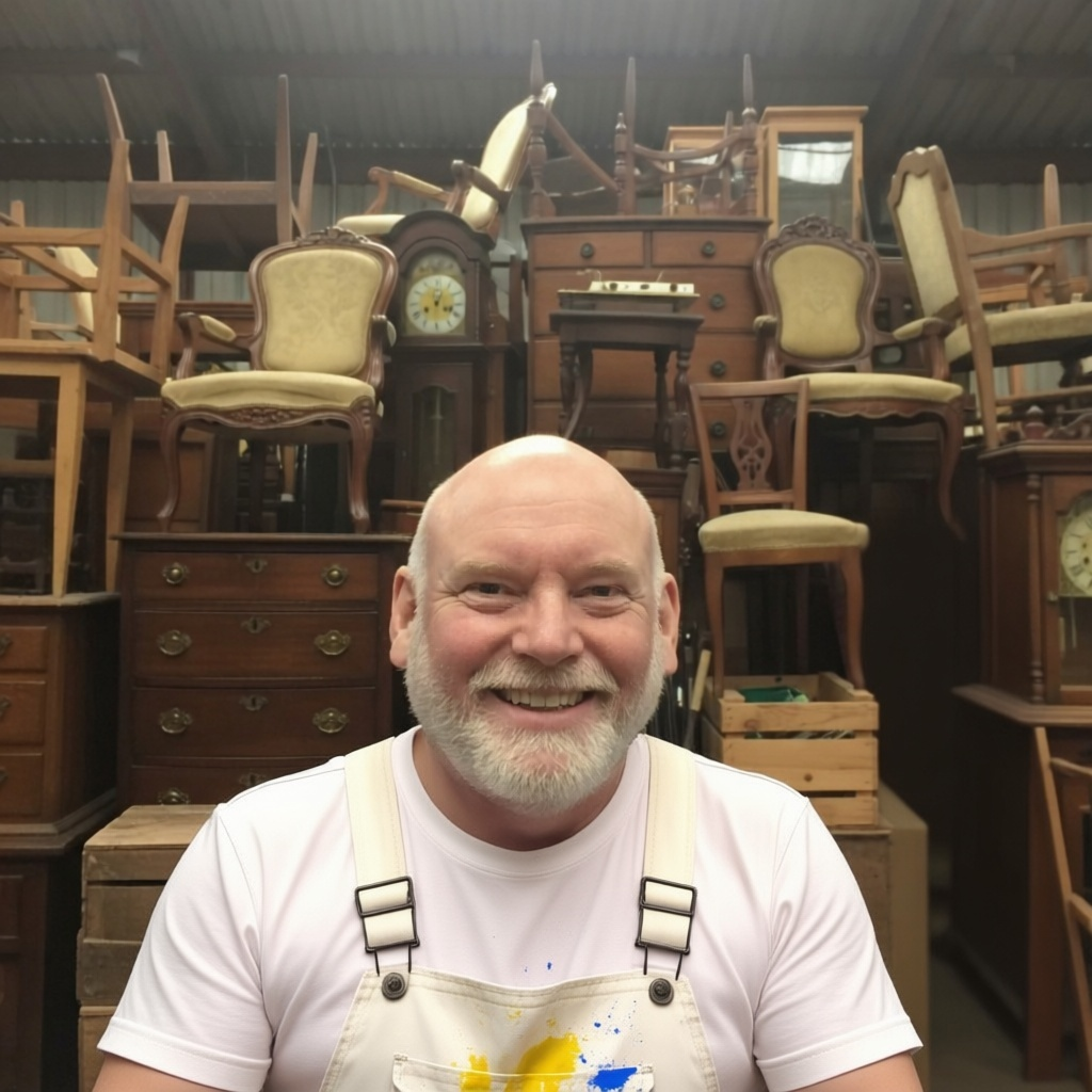 A man with a beard and a white t-shirt wearing a paint-splattered apron, smiling in front of a large pile of mismatched vintage furniture and wood items in a warehouse or antique shop.