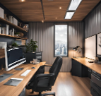 Modern home office with large windows, wooden desk with a computer, and shelves with plants and decor.
