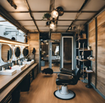 A modern barbershop with wooden walls, a barber chair, and grooming products displayed on shelves.