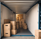 Open shipping container filled with stacked cardboard boxes