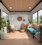 A modern living room with large windows, a wooden ceiling, a turquoise sofa, a beige armchair, and potted plants.