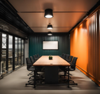Modern conference room with a long table, chairs, large window, ceiling lights, and curtains.