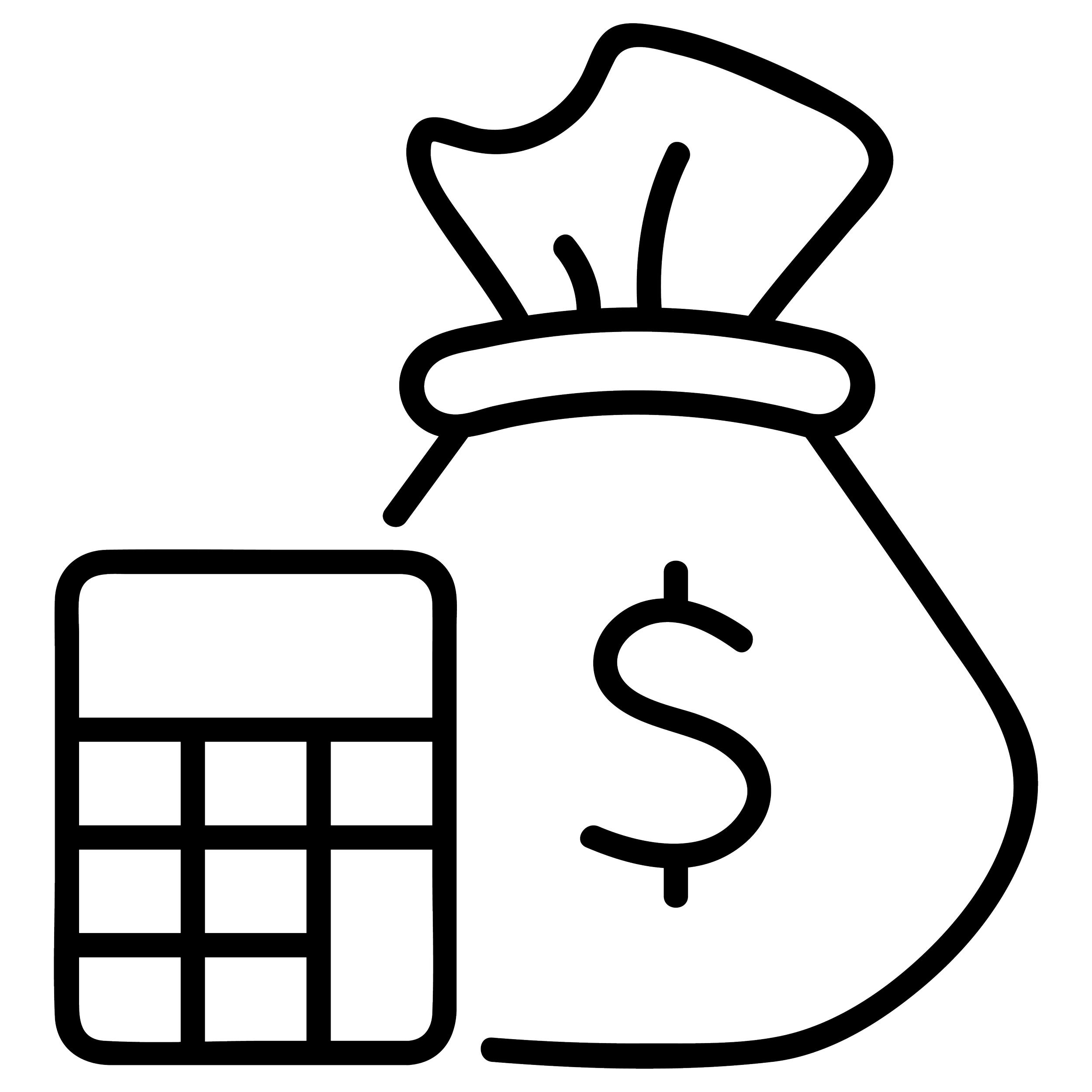 Outline drawing of a calculator, a money bag with a dollar sign, and a gift box with a bow.