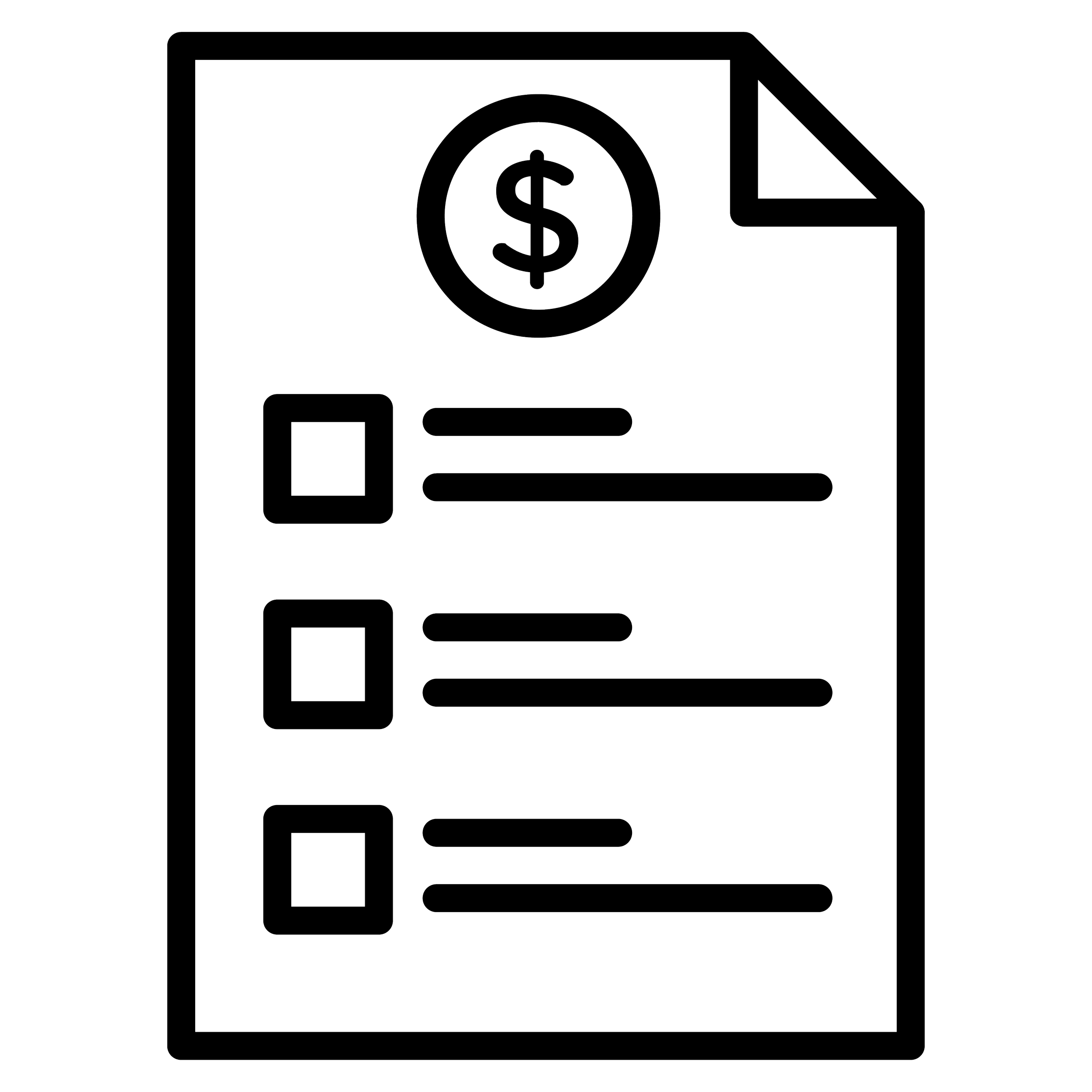 Outline of a checklist form with a dollar sign icon at the top, various boxes, and lines indicating options or information.