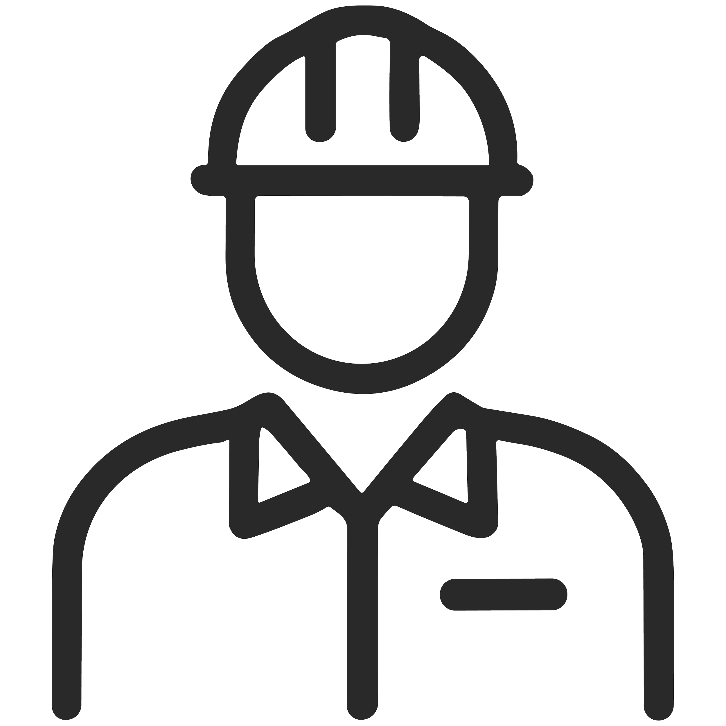 Outline icon of a person wearing a safety helmet and collared shirt