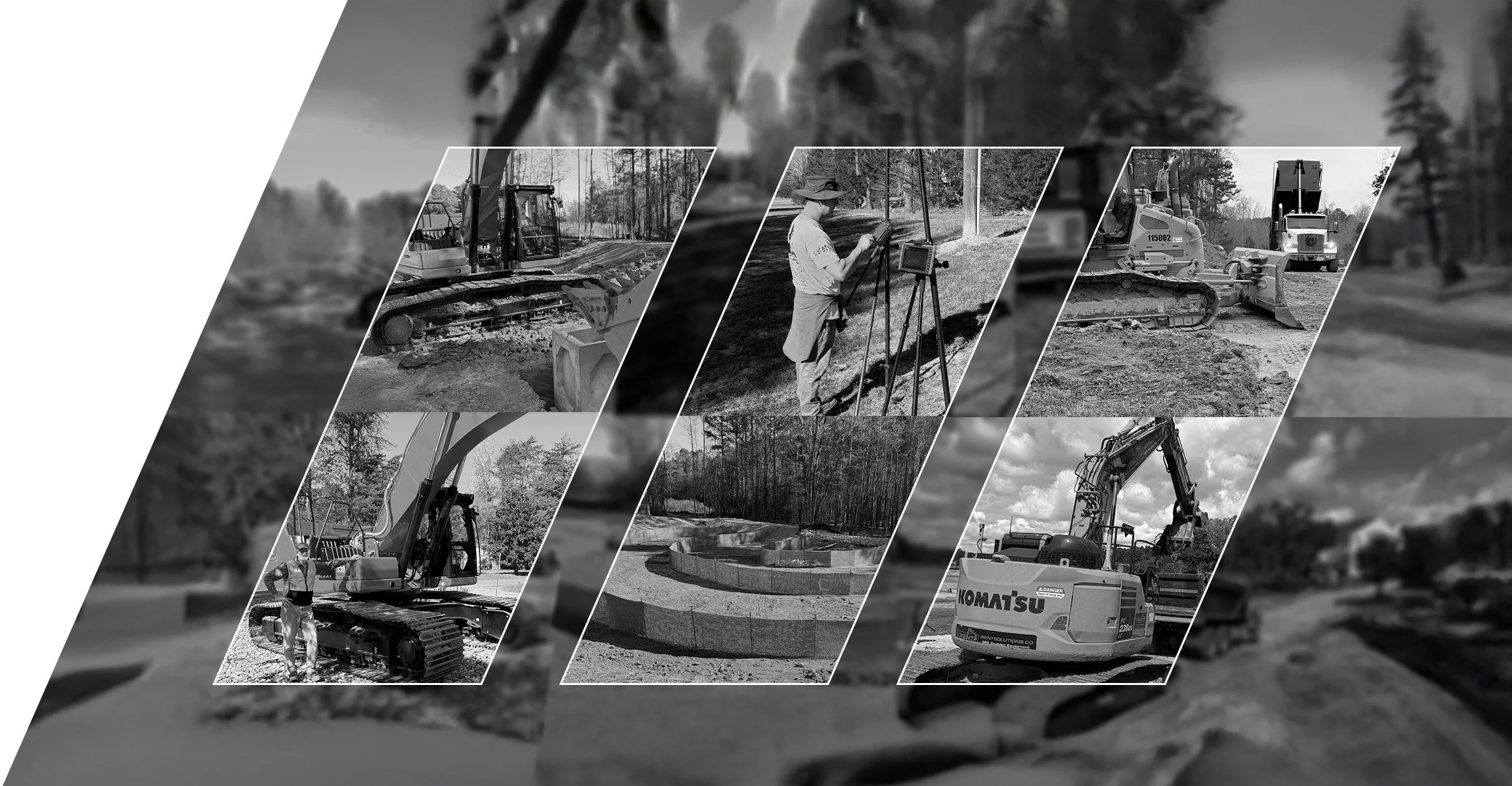Collage of construction equipment and workers at a building site, including excavators, bulldozers, and a person using surveying tools.