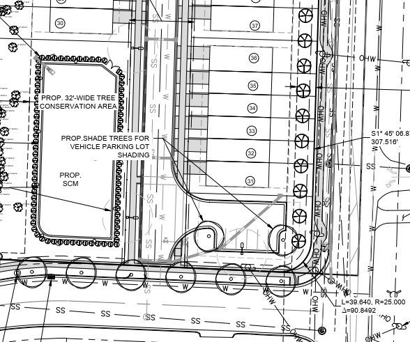 Site plan with proposed tree conservation area, parking lot with shade trees, SCM, and utility lines for water, sewer, and storm drain. Includes numbered parking spaces and elevation details.
