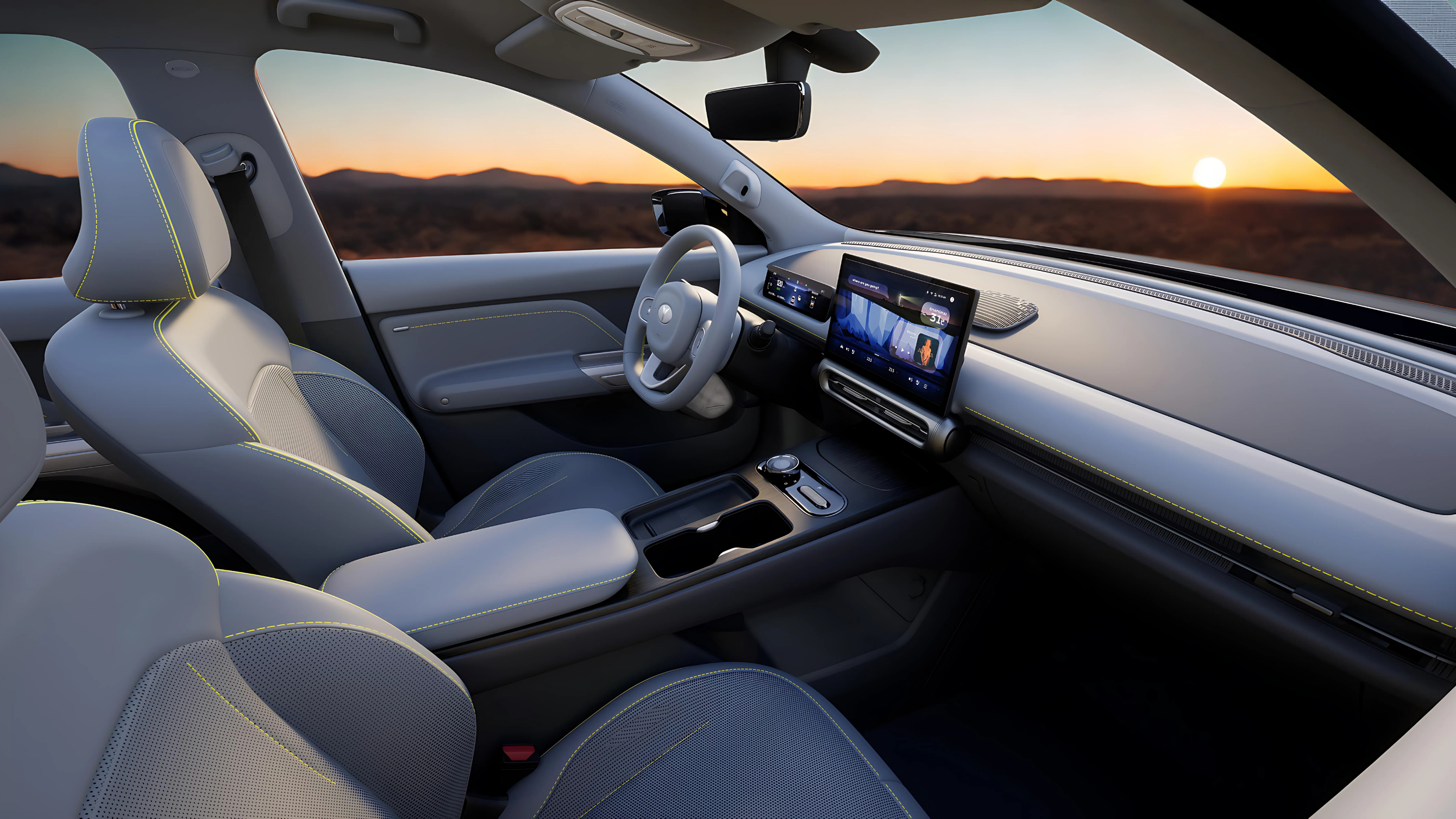 Interior of the LEV01 Electric SUV with a digital dashboard and touchscreen displays, set against a sunset landscape seen through the windshield.