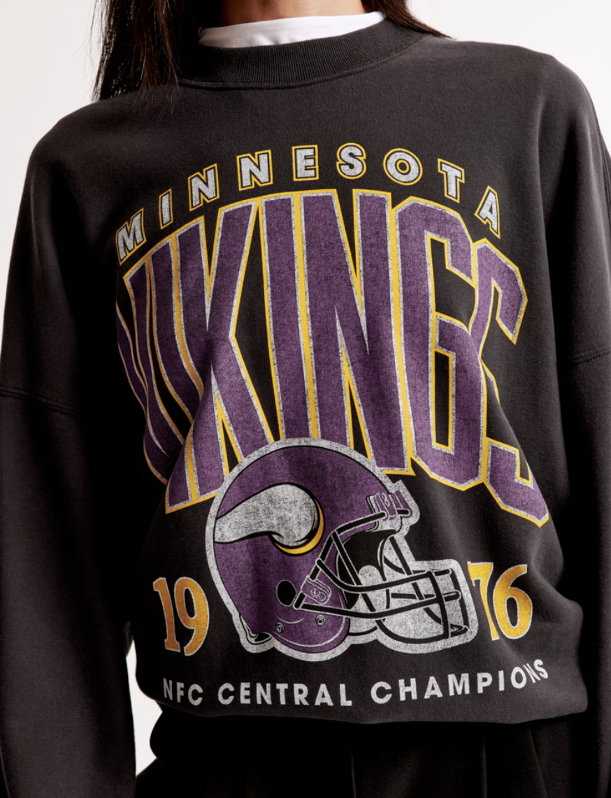 Person wearing Minnesota Vikings sweatshirt featuring a football helmet and text reading 'NFC Central Champions 1969'