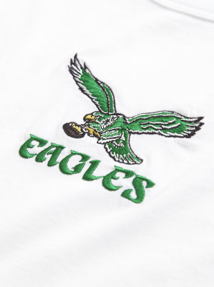Embroidered design on a white fabric with a green eagle holding a football, and the text "Eagles."