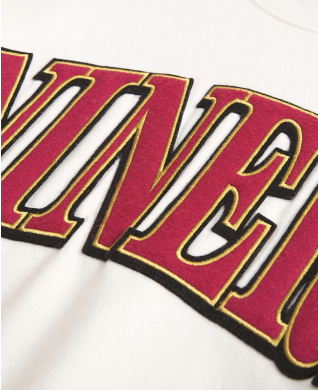 White fabric with red and gold outlined letter "N" in applique style.