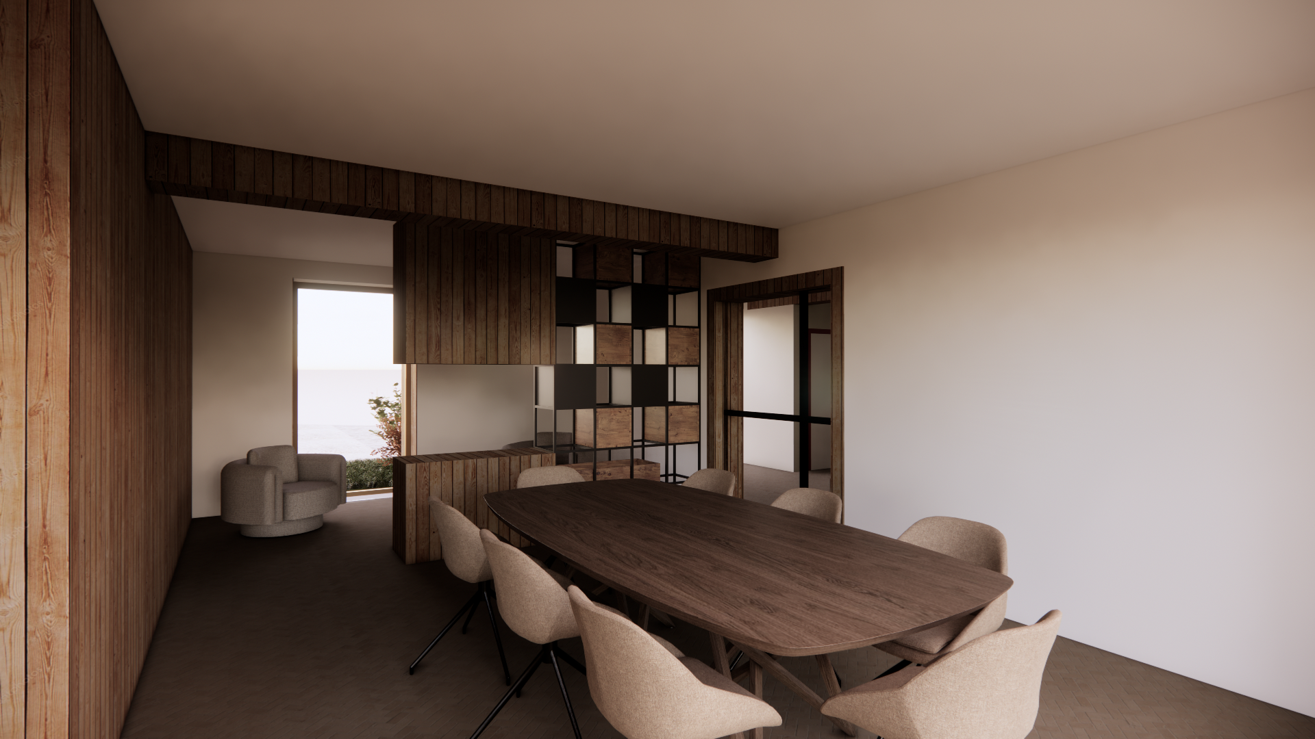 Modern dining room with a wooden table and upholstered chairs, wood-paneled walls, and a lounge chair near a window showing an outdoor view.