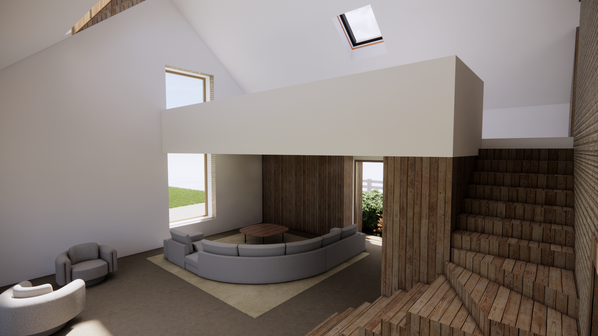 Interior view of a modern living room with large windows, wooden accents, a curved sectional sofa, two accent chairs, a wooden coffee table, and a staircase made of wood.