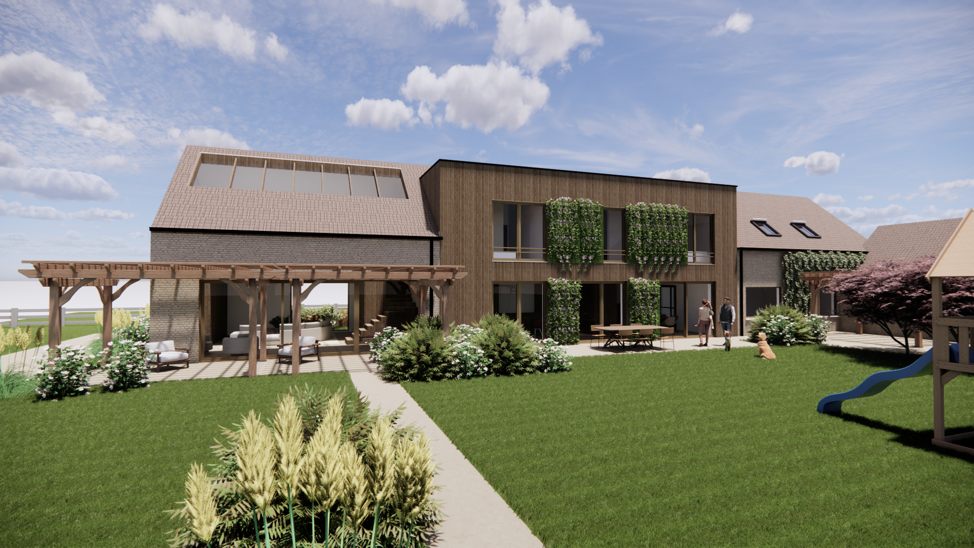 A modern two-story house with a wooden exterior and large windows, surrounded by a landscaped garden with grass, bushes, and trees, under a partly cloudy sky.