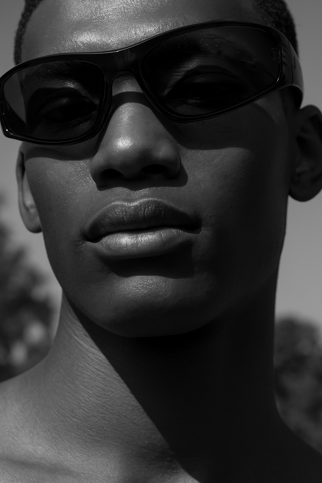 Close-up of a person wearing dark sunglasses in black and white
