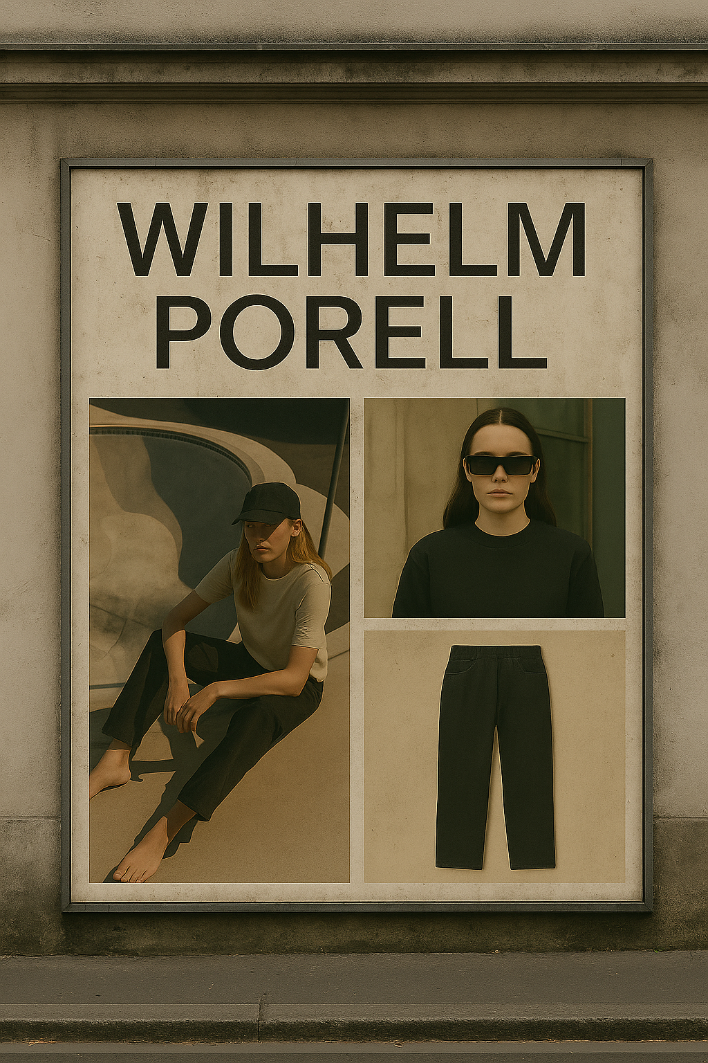 Fashion advertisement featuring two models and a pair of pants, with text "Wilhelm Porell."