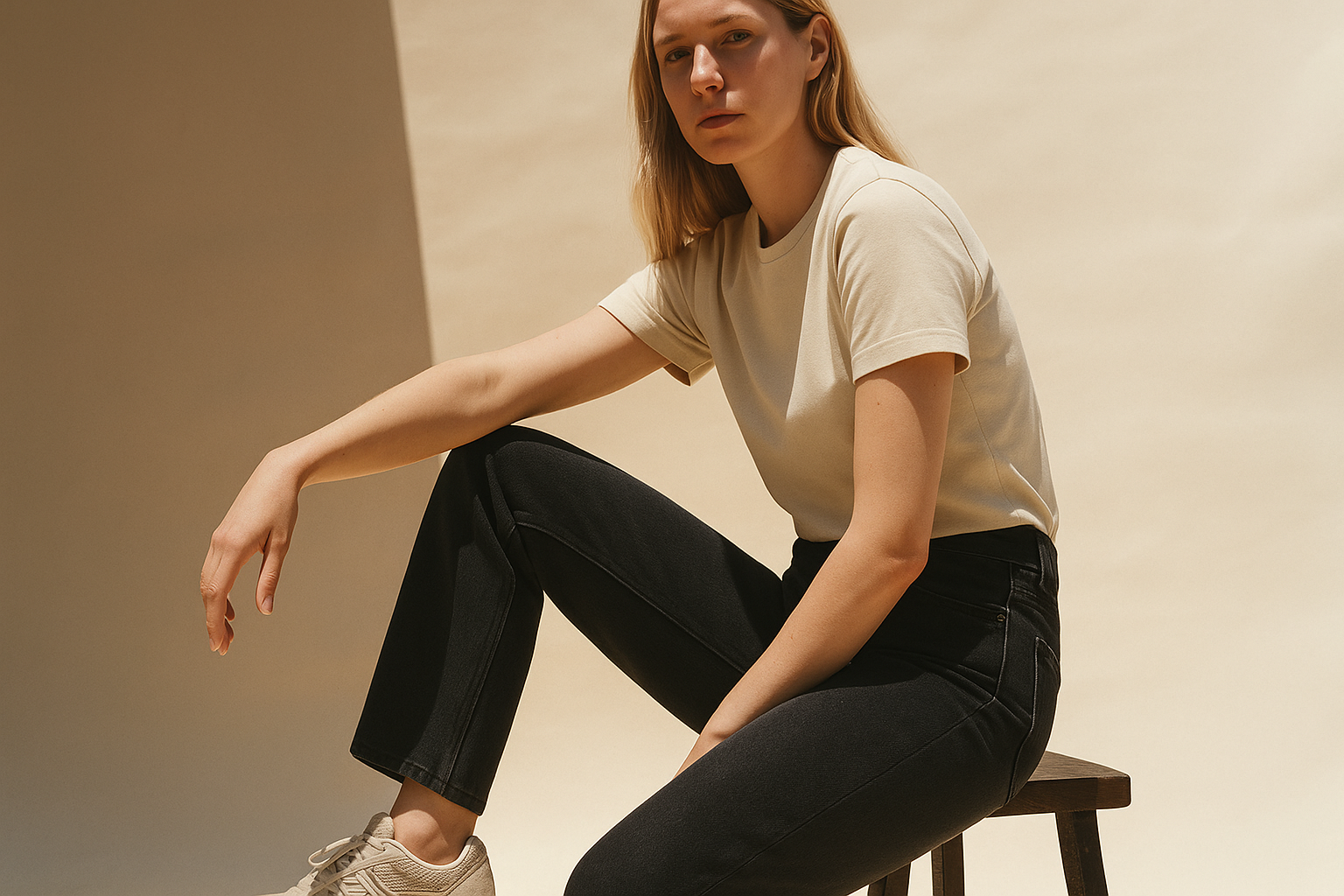 Person wearing a beige t-shirt and black pants sitting on a stool against a neutral background. They have blond hair and are wearing beige sneakers.
