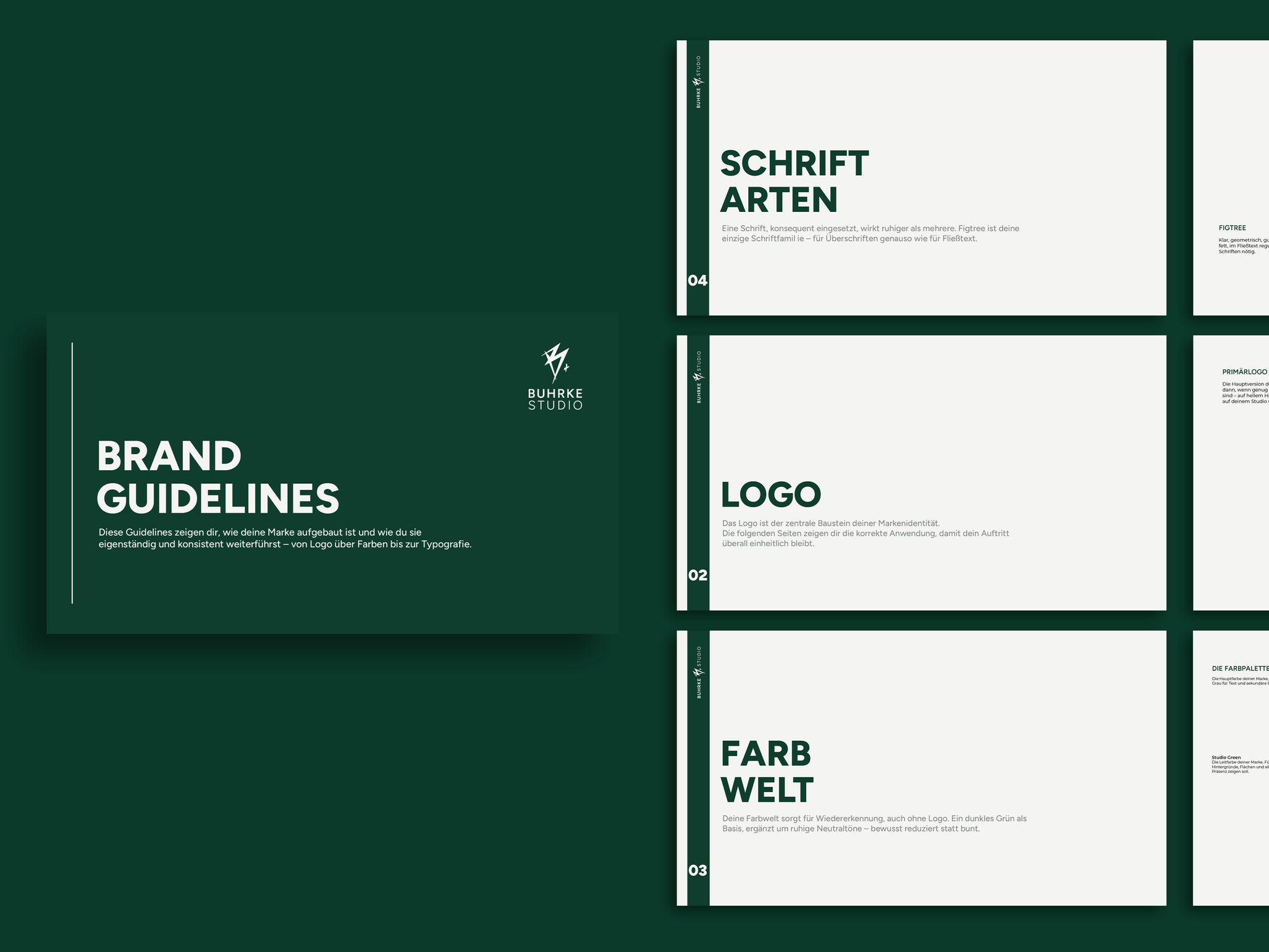 Bild zeigt eine Design-Guideline für Markenaufbau mit Titeln wie Brand Guideline, Schriftarten, Logo, Farbwelt und anderen Gestaltungsrichtlinien in einem dunklen Grünton.