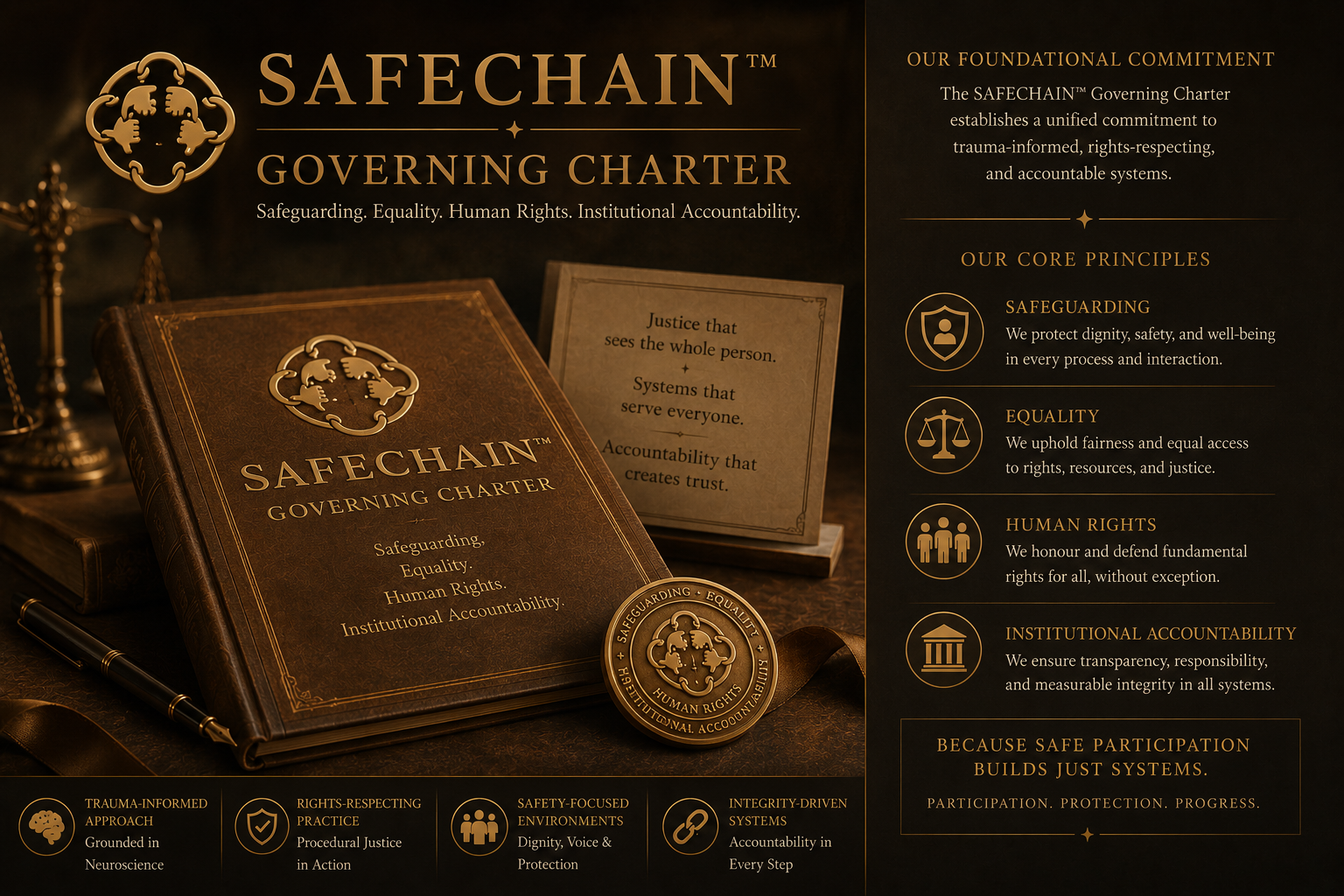 A display of the SAFECHAIN™ Governing Charter, featuring a brown book, a round medal, and a card with principles. The right side lists core principles: safeguarding, equality, human rights, and institutional accountability, with icons. The bottom highlights values: trauma-informed approach, rights-respecting practice, safety-focused environments, and integrity-driven systems.