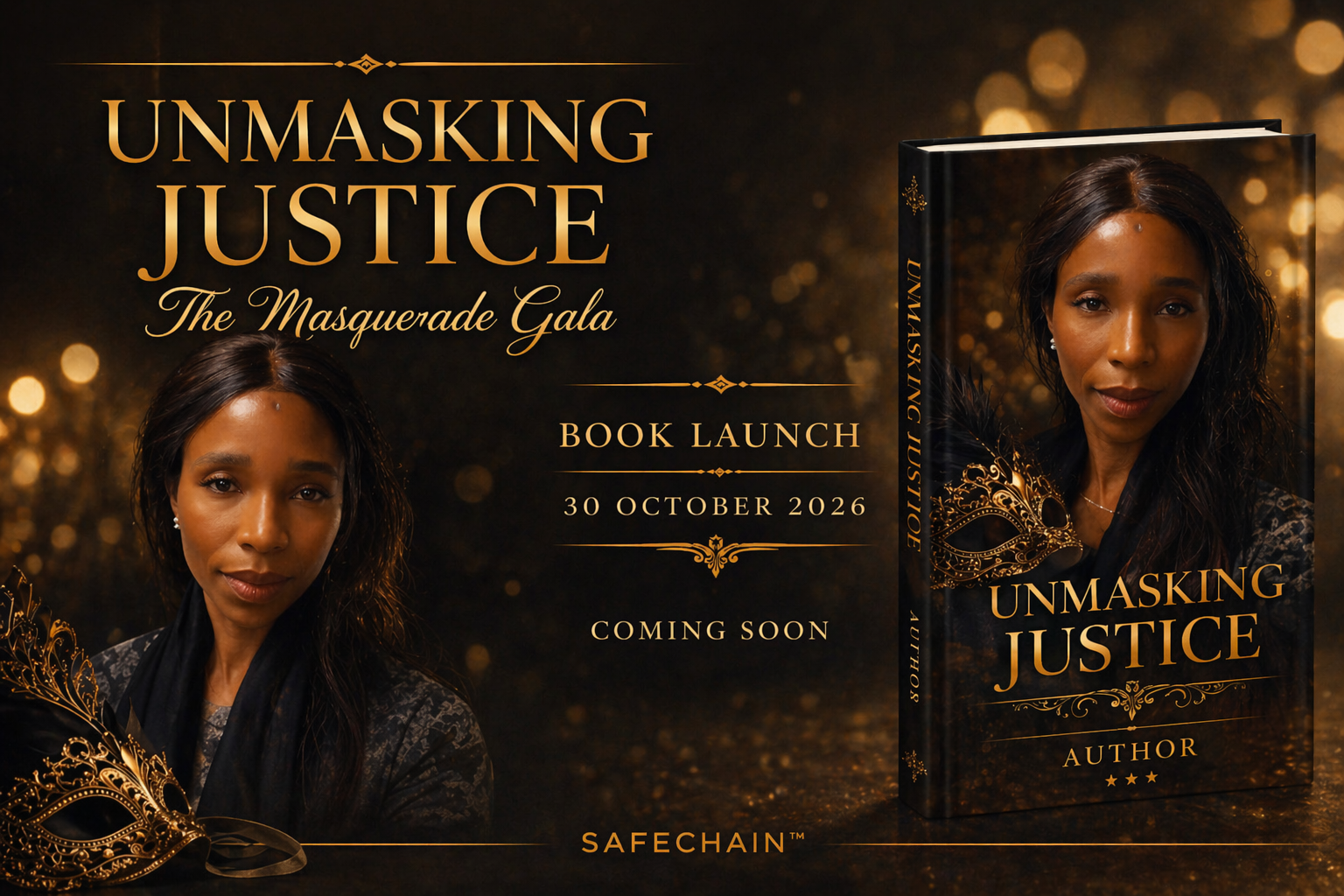 Promotional image for the book "Unmasking Justice: The Masquerade Gala," featuring a woman with dark hair, holding a gold decorative mask, announcing the book launch on October 30, 2026, with a book cover displayed on the right and the event details on the left.