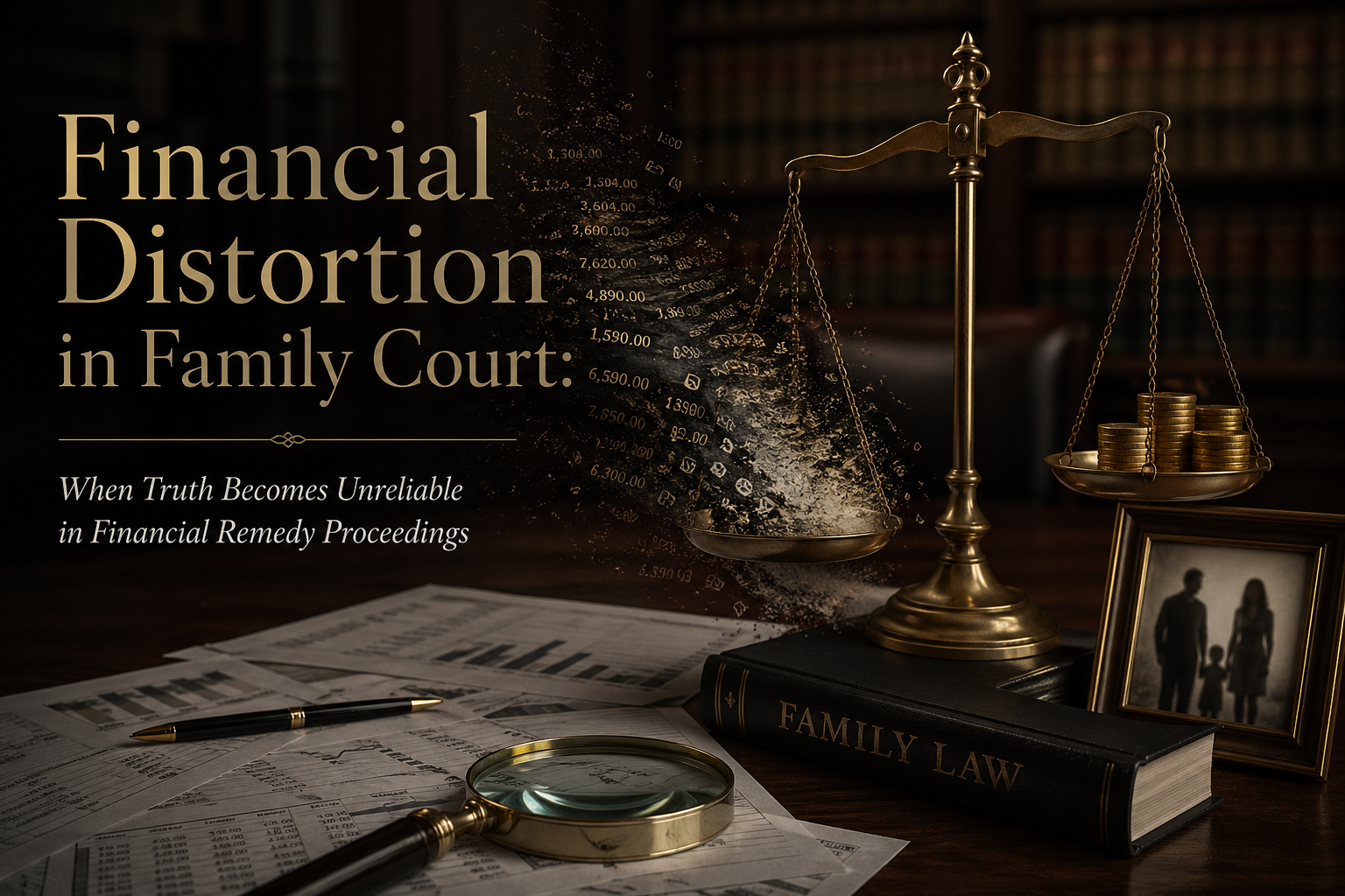A courtroom scene featuring a golden balance scale, stacks of coins, a framed family photo, legal documents, a magnifying glass, a pen, and a large book titled 'Family Law.' The image has a dark, professional tone with a focus on financial and legal themes.