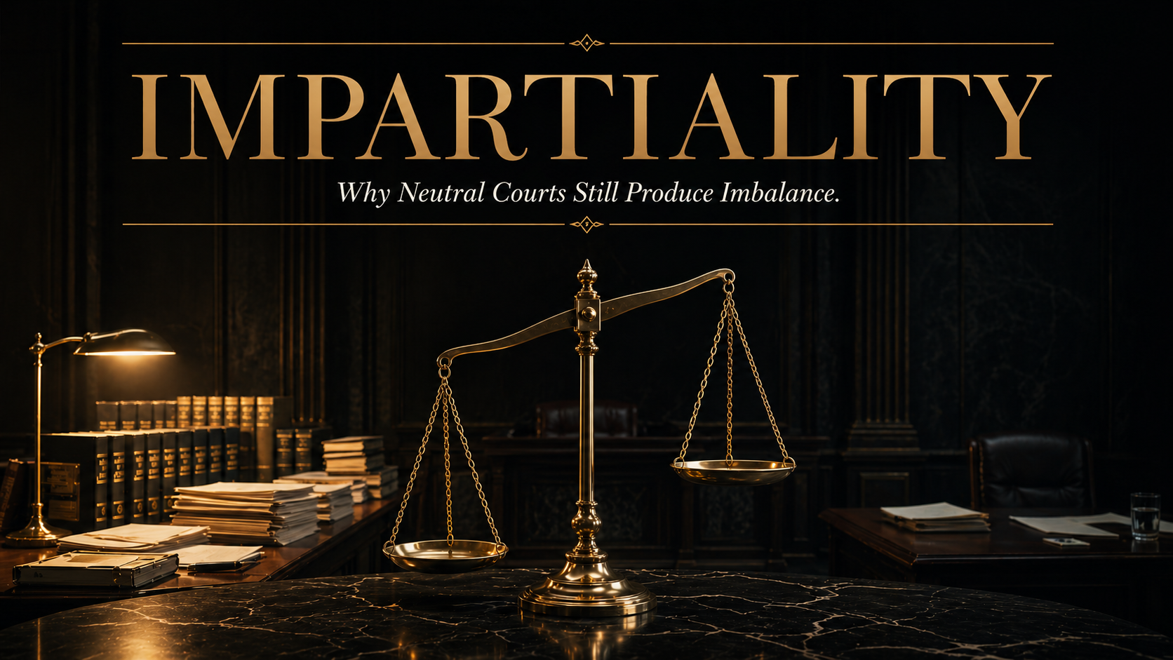 A courtroom with a large golden balance scale on the marble desk, surrounded by legal books, papers, and a glass of water. The background features dark wood paneling and a large sign that reads 'IMPARTIALITY' with the subtitle 'Why Neutral Courts Still Produce Imbalance.'