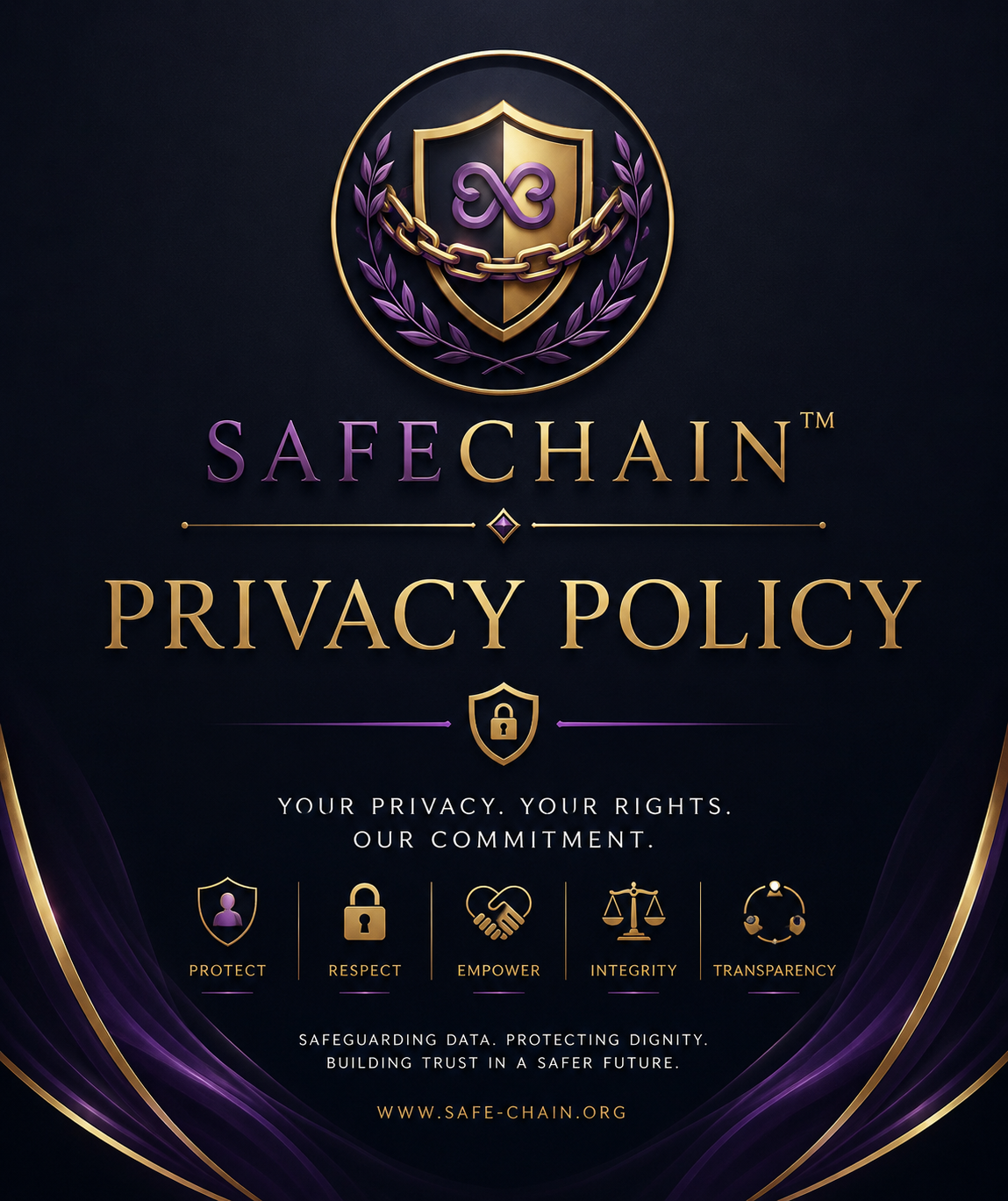 A digital poster displaying SafeChain's privacy policy with a black background, gold and purple accents, a shield with chain and infinity symbol, and the words "Protect," "Respect," "Empower," "Integrity," and "Transparency."