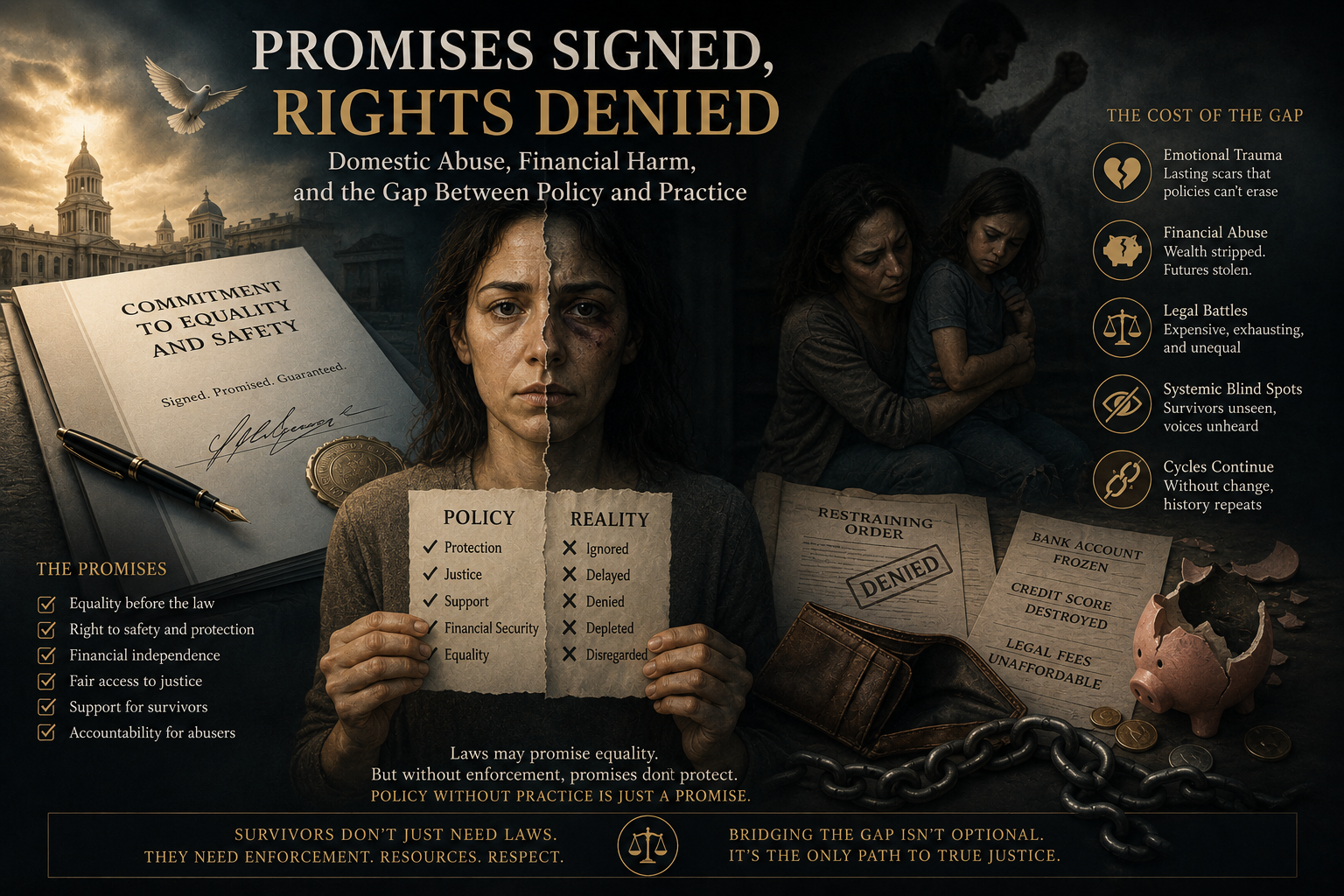 A digital collage depicting social issues faced by domestic abuse survivors, with a woman’s face divided into two halves: one showing a healthy future with a signed promise of equality, and the other showing trauma and neglect. The image includes symbols like a dove, legal documents, broken piggy bank, and chains, alongside text discussing broken promises, the cost of inequality, and calls for enforcement and respect.