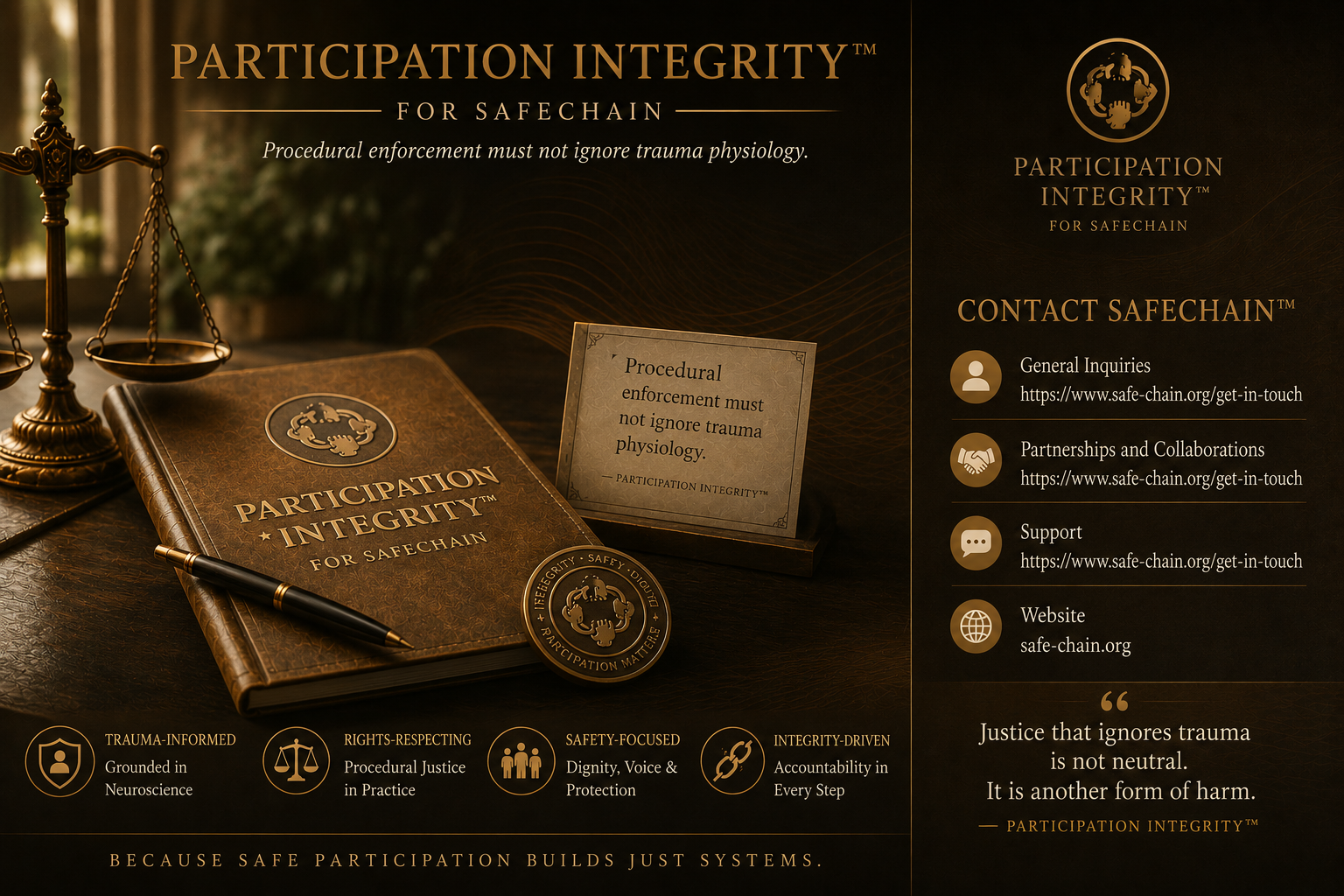 An advertisement for Participation Integrity for SafeChain, with a brown leather-bound book titled "Participation Integrity for SafeChain," a pen, a circular badge, and a scale of justice. The poster emphasizes trauma-informed, rights-respecting, safety-focused, and integrity-driven principles. It provides contact information including website links and quotes about trauma and justice.