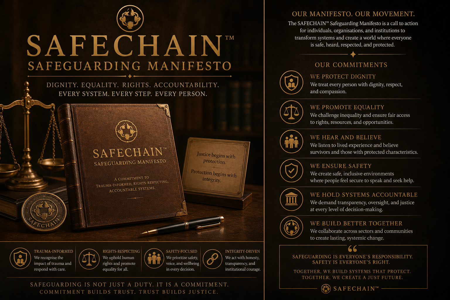 A manifesto document titled 'SAFECHAIN SAFEGUARDING MANIFESTO' with a leather cover, a badge, and a pen on a wooden desk, featuring sections on dignity, equality, rights, accountability, safety, and systemic change.