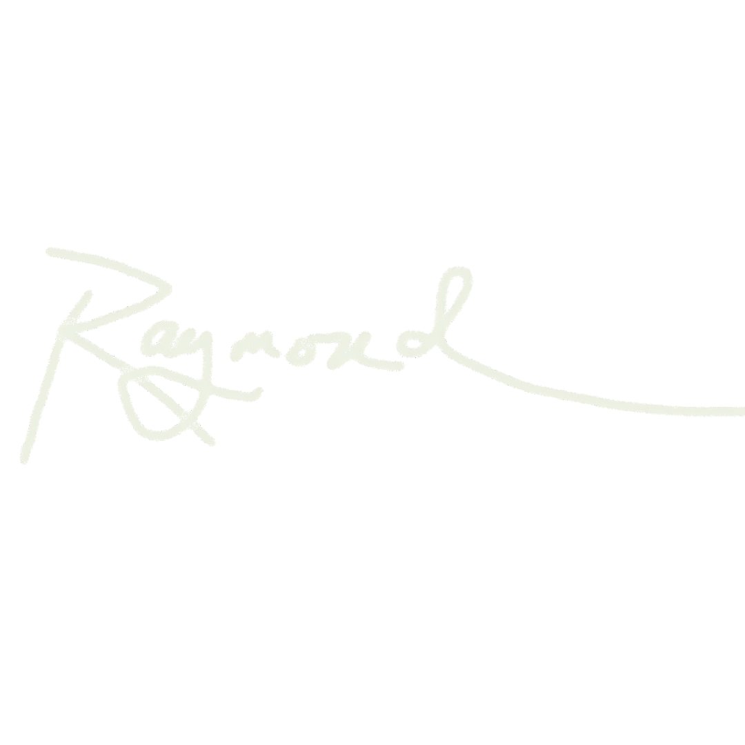 Close-up of a signature that reads 'Raymond' on a black background.