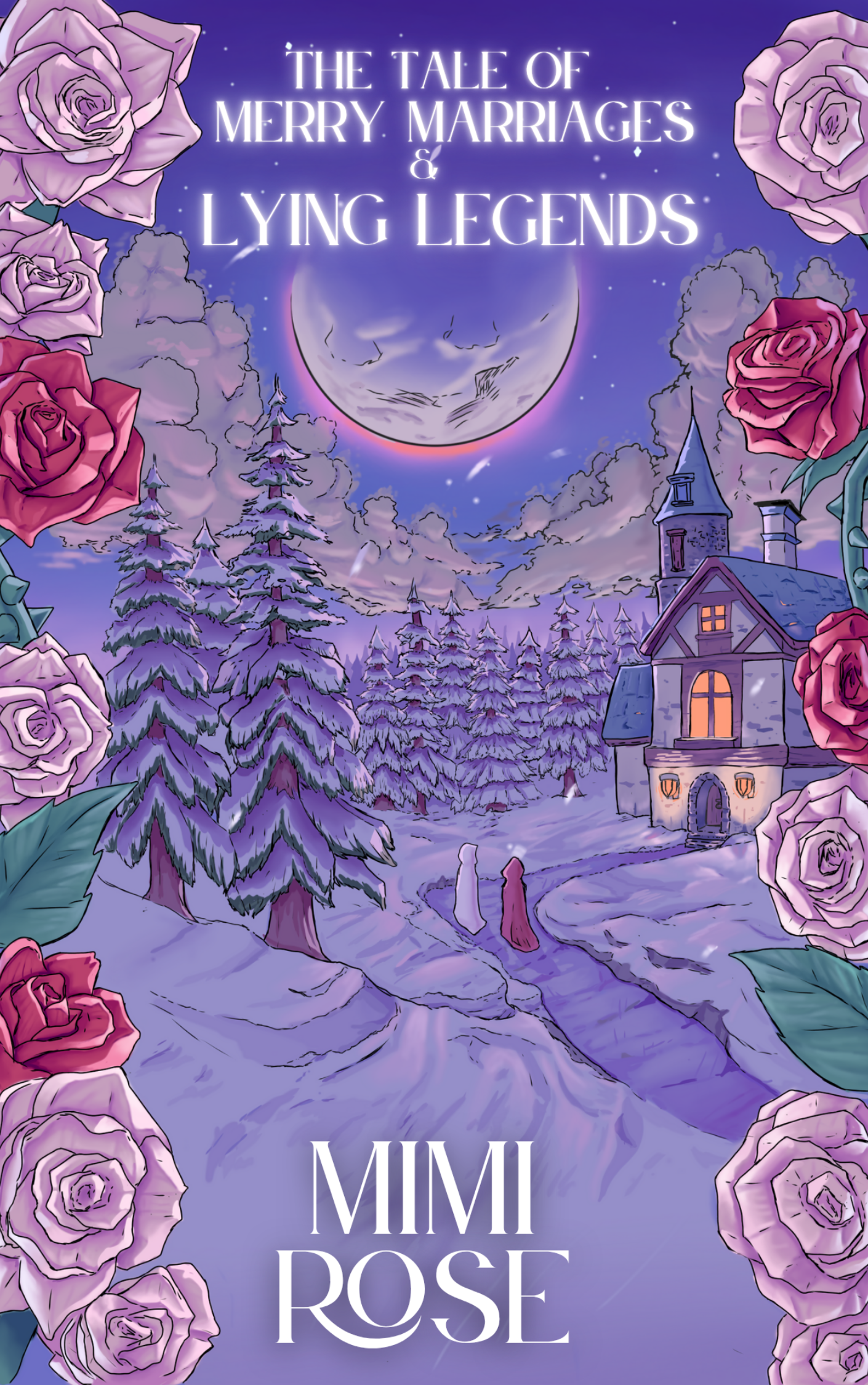 pink and red flowers bodering on a winter forest with two girls one in a red cloak the other in white